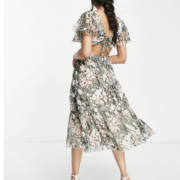 New ASOS Design Green Peach Blurred Floral Print Tie Front Cutout Midi Dress 8 - Picture 2 of 11